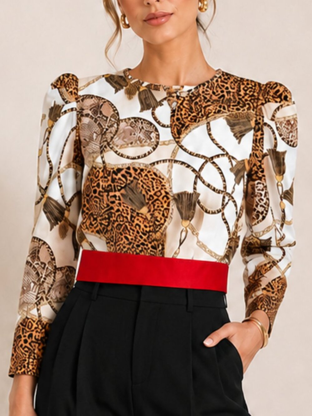 New York & Company NWT Scarf Print Tie Open Back Puff Sleeve Top SZ Large Y2K